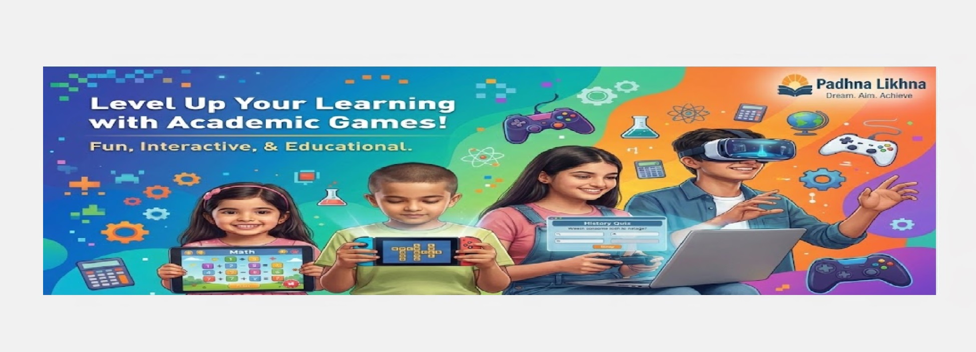 Children joyfully playing educational games on tablets